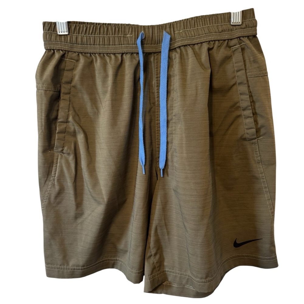 Nike Men’s Olive Green Athletic Shorts with Blue Drawstring Size Small Pockets